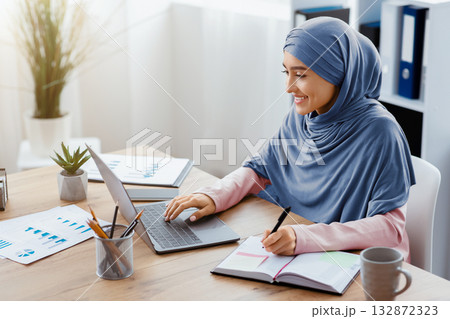 Muslim woman in hijab using laptop and taking notes in modern office, islamic female employee sitting at workplace, side view with copy space 132872323