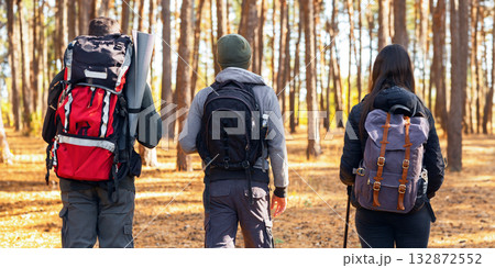 Closeup of three hikers walking by forest, spending weekend together outdoors Closeup of three hikers walking by forest, spending weekend together outdoors 132872552