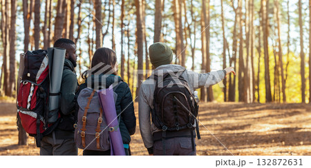 Back view of international friends hikers walking by forest, guy pointing at copy space, panorama Back view of international friends hikers walking by forest, guy pointing at copy space, panorama 132872631