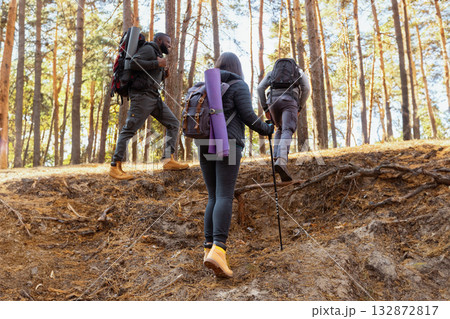 Three young friends with their backpacks climbing up on hiking trip in forest, back view Three young friends with their backpacks climbing up on hiking trip in forest, back view 132872817
