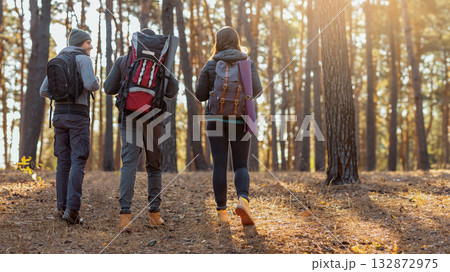Three young friends with their backpacks on hiking trip in autumn forest, back view 132872975