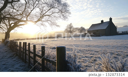 Early morning light shines through a frosty landscape, highlighting a charming cottage surrounded by a vast snowy field and bare trees in a tranquil countryside setting. Early morning light shines through a frosty landscape, highlighting a charming cottage surrounded by a vast snowy field and bare trees in a tranquil countryside setting. 132873314