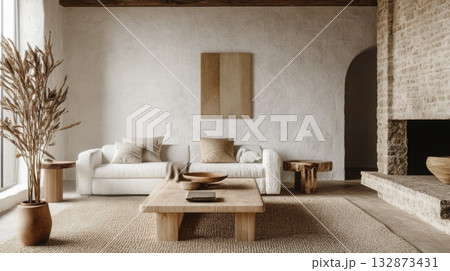 A large, airy living room featuring a white sofa with pillows, a wooden coffee table, and a tall plant in a terracotta pot 132873431