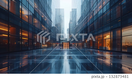 A deserted city street lined with tall buildings in the background. 132873481