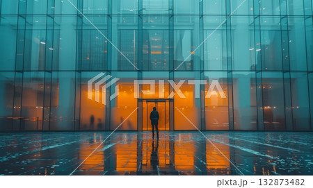 A person standing confidently in front of a modern glass building, looking up at the structure in an urban environment. 132873482