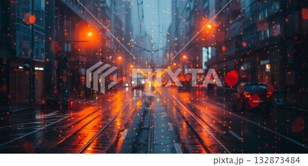 A city street filled with cars and buses, navigating through heavy rain, creating a bustling and congested scene. 132873484