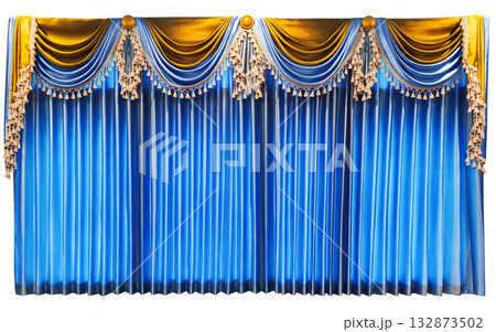 Theater curtain, classic elegant blue window curtain, isolated on white background. Theater curtain, classic elegant blue window curtain, isolated on white background. 132873502