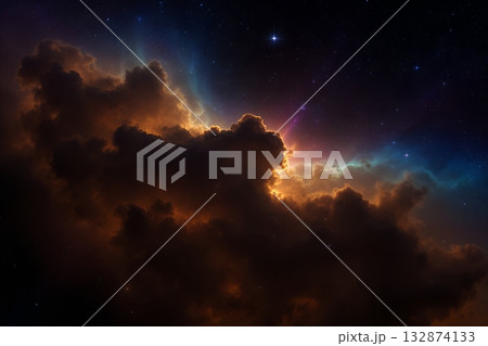 nebula sparkles in the darkness of space 132874133