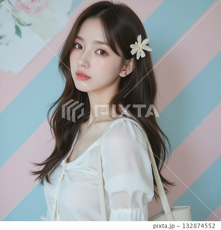 ポップな背景に美しい日本人女性 132874552