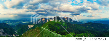 Alpine mountains - view from Golica peak in Karavanke range, Slovenia. Panoramic view 132875471
