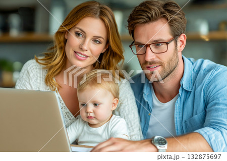Happy Family Spending Quality Time Together at Home Using Laptop, Capturing Everyday Moments of Love and Connection 132875697