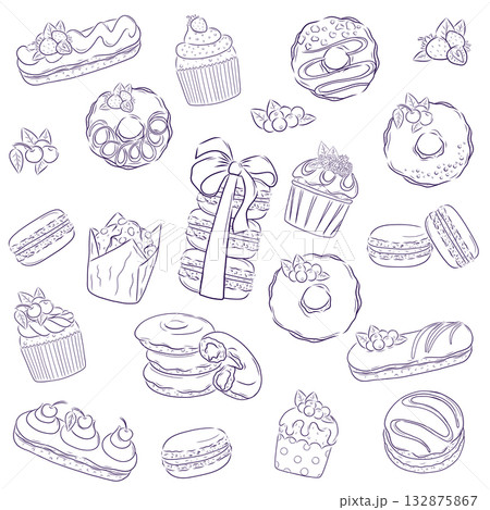 A set of delicious desserts on a white background. Eclair, muffin, cupcake, donut, cake. Hand drawing, doodle, line drawing. Isolated vector illustration for the design of postcards, banners, posters A set of delicious desserts on a white background. Eclair, muffin, cupcake, donut, cake. Hand drawing, doodle, line drawing. Isolated vector illustration for the design of postcards, banners, posters 132875867
