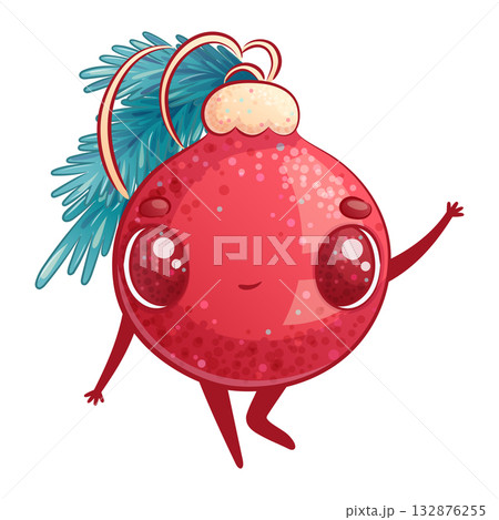 Cute Christmas tree ball toy on a white background. A smiling Christmas and New Year character. Children's cartoon vector illustration for the design of postcard, card for printing, textile, sticker 132876255