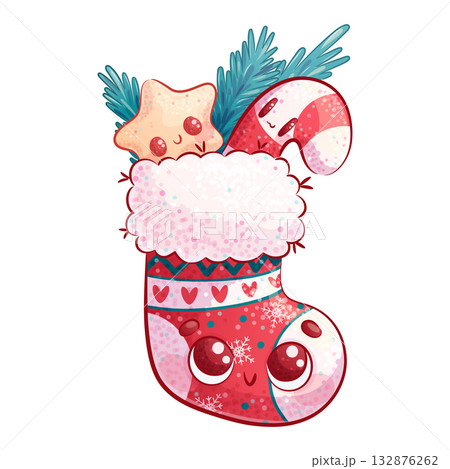 Cute sock with gifts and candy on a white background. A smiling Christmas and New Year character. Children's cartoon vector illustration for the design of postcards, postcards for printing, textiles 132876262