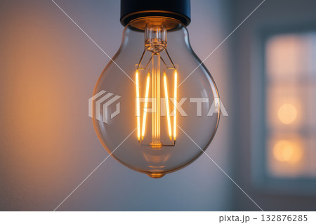 Warm LED Filament Bulb Glowing In Minimal Interior 132876285