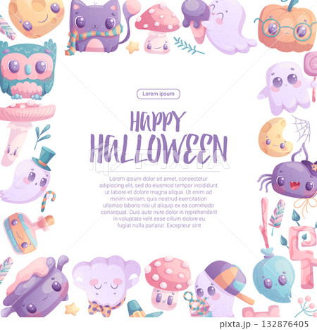 Cute background for Halloween invitation or greeting card. Ghost, cat, pumpkin, bat, spider, fly agaric, potion, owl, witch's cauldron for posters, flyers, postcards and banners. Vector illustration 132876405