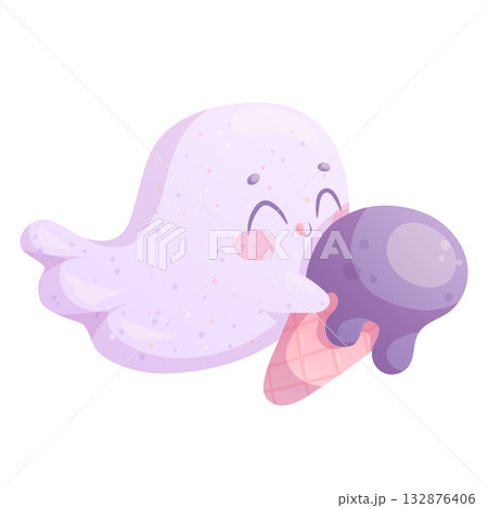 Cute smiling ghost with ice cream on a white background. Halloween. Isolated vector illustration for the design of postcards, postcards for printing, textiles, stickers Cute smiling ghost with ice cream on a white background. Halloween. Isolated vector illustration for the design of postcards, postcards for printing, textiles, stickers 132876406
