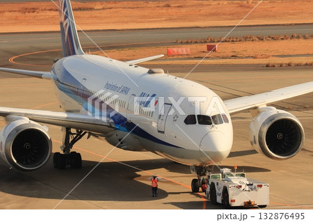 旅客機のプッシュバック 旅客機をプッシュバックするトーイングカー 旅客機のプッシュバック 旅客機をプッシュバックするトーイングカー 132876495