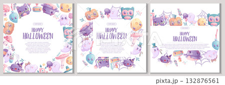 A set of cute backgrounds for Halloween invitations or greeting cards. Ghost, cat, pumpkin, bat, spider, fly agaric, potion, owl, cauldron for poster, flyer, postcard, banner. Vector illustration A set of cute backgrounds for Halloween invitations or greeting cards. Ghost, cat, pumpkin, bat, spider, fly agaric, potion, owl, cauldron for poster, flyer, postcard, banner. Vector illustration 132876561