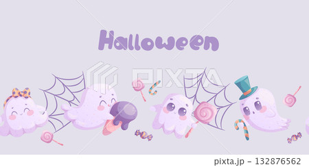 Seamless Halloween border with cute little ghosts with sweets, cobwebs. Money or life. Vector illustration for postcards, posters, banners, websites Seamless Halloween border with cute little ghosts with sweets, cobwebs. Money or life. Vector illustration for postcards, posters, banners, websites 132876562