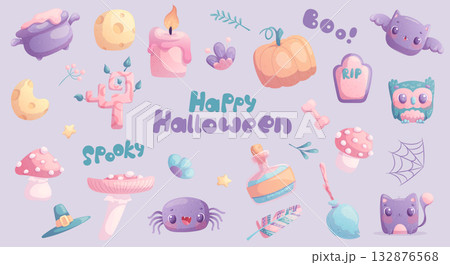 A set of isolated "Happy Halloween" design elements. Ghost, cat, pumpkin, bat, spider, spider web, fly agaric, potion, owl, witch's cauldron, broom. Hand-drawn vector illustration. 132876568