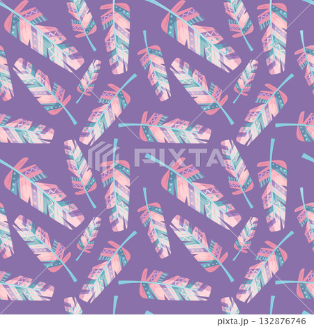 Seamless pattern of colorful bird feathers. Abstract background. Cartoon vector illustration for the design of postcards, posters, banners, websites, and printing. 132876746