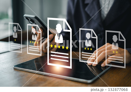 Illustration of human resources technology with digital employee profiles and evaluation icons on a tablet and smartphone. Illustration of human resources technology with digital employee profiles and evaluation icons on a tablet and smartphone. 132877068