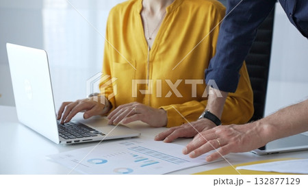 Business colleagues collaborating on a project while analyzing financial charts and entering data on a laptop in a modern office. Businesspeople concept Business colleagues collaborating on a project while analyzing financial charts and entering data on a laptop in a modern office. Businesspeople concept 132877129
