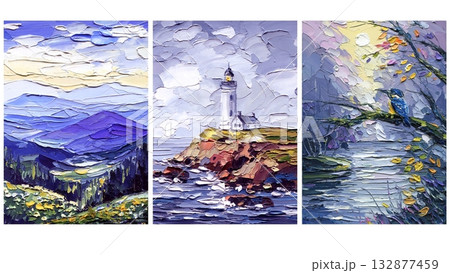 Impasto Oil Painting Set. Mountain Landscape, Lighthouse on the Coast, and Bird by the River, Textured Nature Artwork Collection 132877459