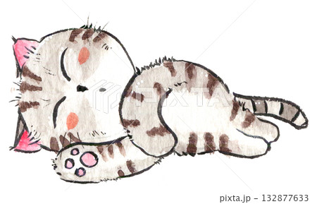 筆ペンと水彩で描いた寝ている猫の手書きイラスト 132877633