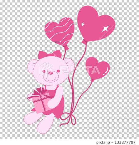 Cute Pink Teddy Bear with Heart Balloons and Gift Box, Valentine Day Illustration Cute Pink Teddy Bear with Heart Balloons and Gift Box, Valentine Day Illustration 132877787