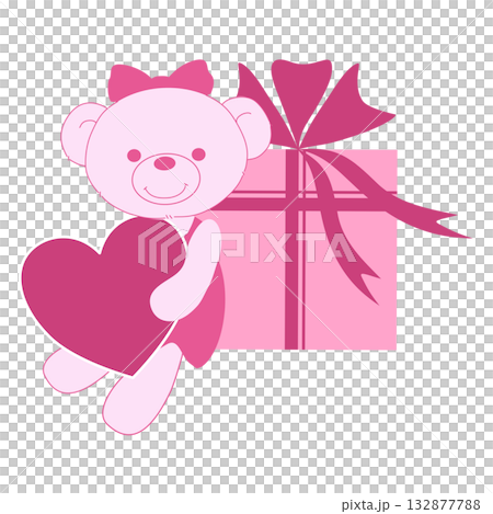 Cute Pink Teddy Bear Holding Heart and Gift Box Illustration Cute Pink Teddy Bear Holding Heart and Gift Box Illustration 132877788