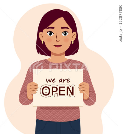 Girl with an ad in her hands, welcome 132877880