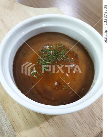 Mashed Potato in white bowl on old wooden plate. 132878338