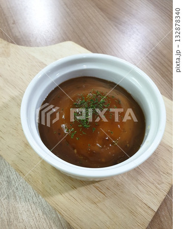 Mashed Potato in white bowl on old wooden plate. 132878340