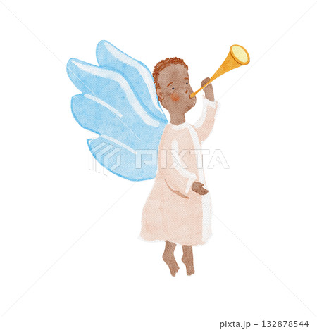 African angel blowing a golden trumpet with blue wings, symbolizing diversity and holiday joy. Perfect for Christmas cards, decor, inclusive projects. Watercolor illustration isolated on white. 132878544