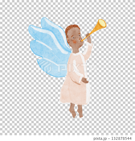 African angel blowing a golden trumpet with blue wings, symbolizing diversity and holiday joy. Perfect for Christmas cards, decor, inclusive projects. Watercolor illustration isolated on white. 132878544