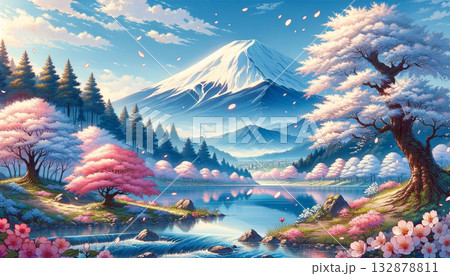 桜と富士山が美しい日本の春の水彩画 桜と富士山が美しい日本の春の水彩画 132878811