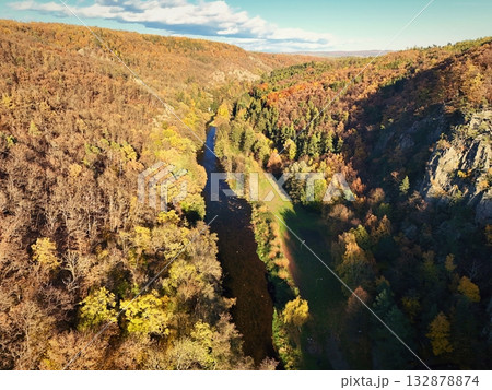 Autumn landscape with river and setting sun. Concept for nature and autumn time. Jihlava river Czech Republic Autumn landscape with river and setting sun. Concept for nature and autumn time. Jihlava river Czech Republic 132878874