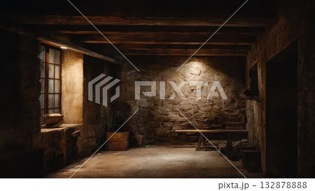 石造りの地下室アート風背景 レトロな照明と質感 132878888