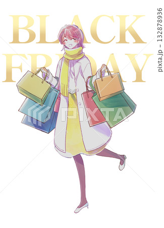 買い物袋をたくさん持った女性　笑顔　冬　ブラックフライデー 132878936