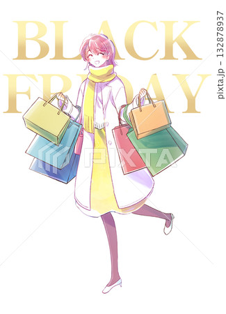 買い物袋をたくさん持った女性　笑顔　冬　ブラックフライデー 132878937