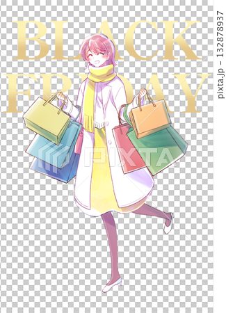 買い物袋をたくさん持った女性　笑顔　冬　ブラックフライデー 132878937