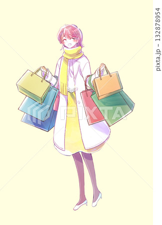 買い物袋をたくさん持った女性 笑顔 冬 買い物袋をたくさん持った女性 笑顔 冬 132878954