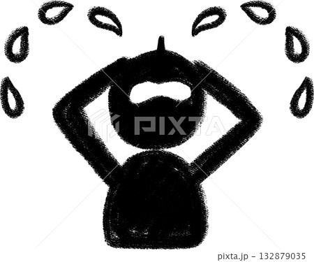 手描きペイントの人物シルエットアイコン、上を向いて泣いているポーズ、上半身 132879035