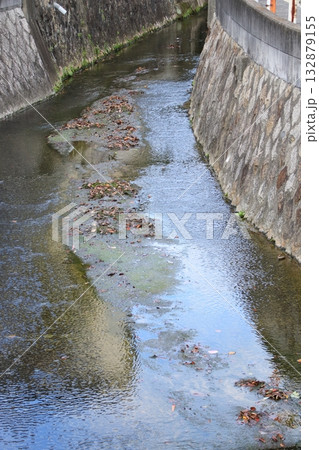 落ち葉が浮いている秋の住宅街を流れる小川 132879155