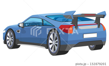 Perspective rear side view of sport EV blue car with driving man inside. Sport car standard edition with big spoiler support aero dynamix. on isolated white background. Perspective rear side view of sport EV blue car with driving man inside. Sport car standard edition with big spoiler support aero dynamix. on isolated white background. 132879201
