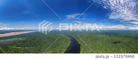 Tarapoto Lake in Amazon river rain forest huge aerial panorama landscape, puerto narino amazonas colombia 132879460