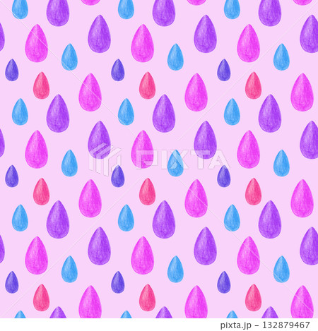 Seamless pattern with pink and blue drops, drawn in pencil. Stylized raindrops on a pink background. Drawing with colored pencils. Seamless background for wallpaper in the children's room for girls 132879467
