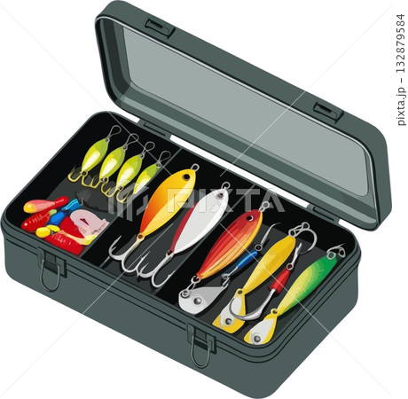 Open Fishing Tackle Box with Lures and Bait 132879584